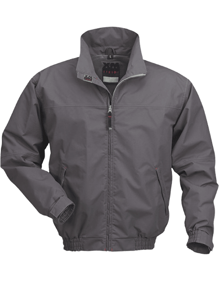 Dark grey rain jacket with a Zip-up and velcro around wrists.