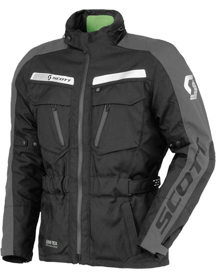 Black gore-tex rain jacket with grey details and reflection pads on upper chest and both arms.