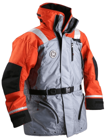 Grey rain jacket with orange arms and neck. Including reflection material around the wrists alongside over both shoulders.