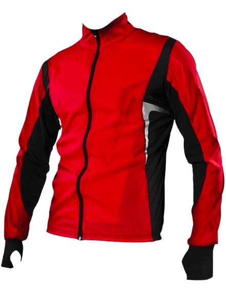 Red thin rain jacket with black details on the arms and grey curve details going on each side. Includes half hand wraps at the end