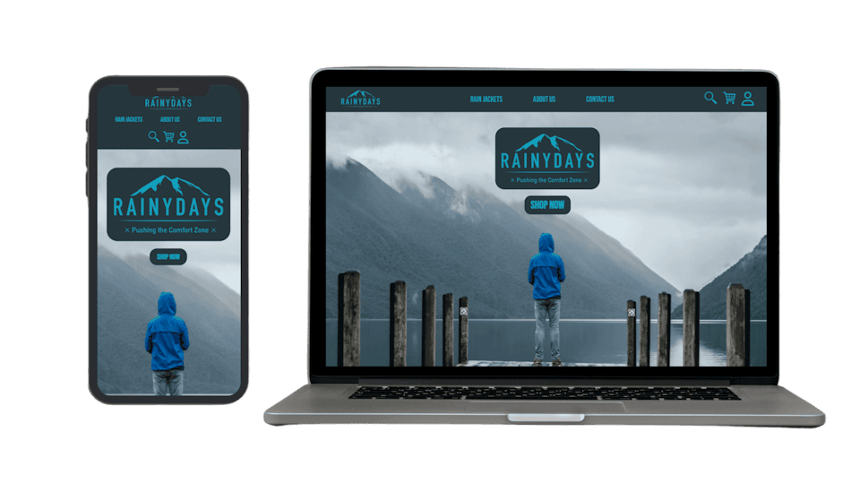 Teaser of RainyDays rain clothing website displayed on a phone and a computer screen