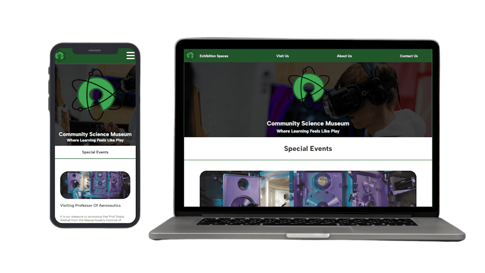Teaser of a community science museum website displayed on a phone and a computer screen
