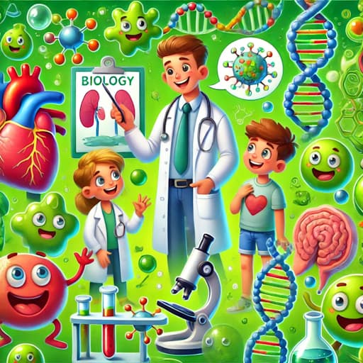 Cartoon drawn characters with a scientist pointing at a whiteboard that has 'Biology' written on it. Surrounding the rest of the image is biology and medicine items displayed. Such as genes, human heart, brain and bacteria