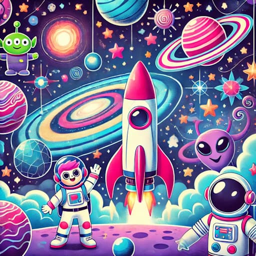 Cartoon designed outer space containing all sorts of space contents like planets, stars, astronaut, aliens and rocket ships.