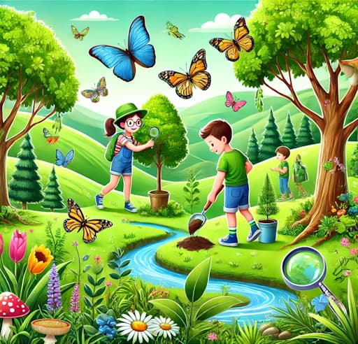 Cartoon design showcasing the beautiful nature, with 3 humans (one shoveling, one looking through a spy glass chasing butterfly's and one looking over admiring the nature), trees, butterfly's, plants, flowers, trees and a boy shoveling.