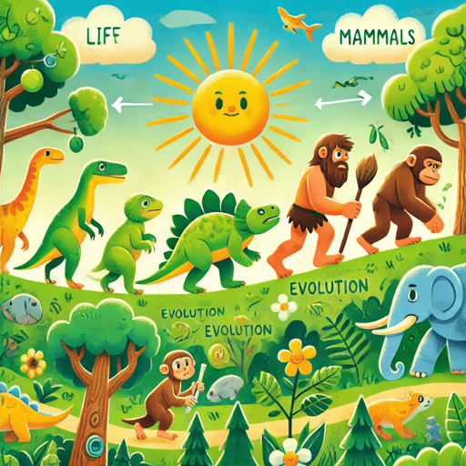 Cartoon design showing the evolution of the guman creatures. Containing dinosaurs, monkeys and humans walking in a line in the horizon on a mountain edge