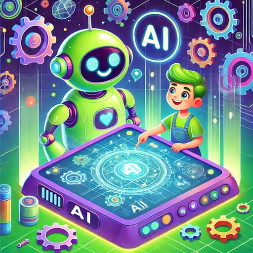 Cartoon designed robots, human and an AI Board which the human is pointing at. Filling the rest of the image is gear wheels and an AI sign